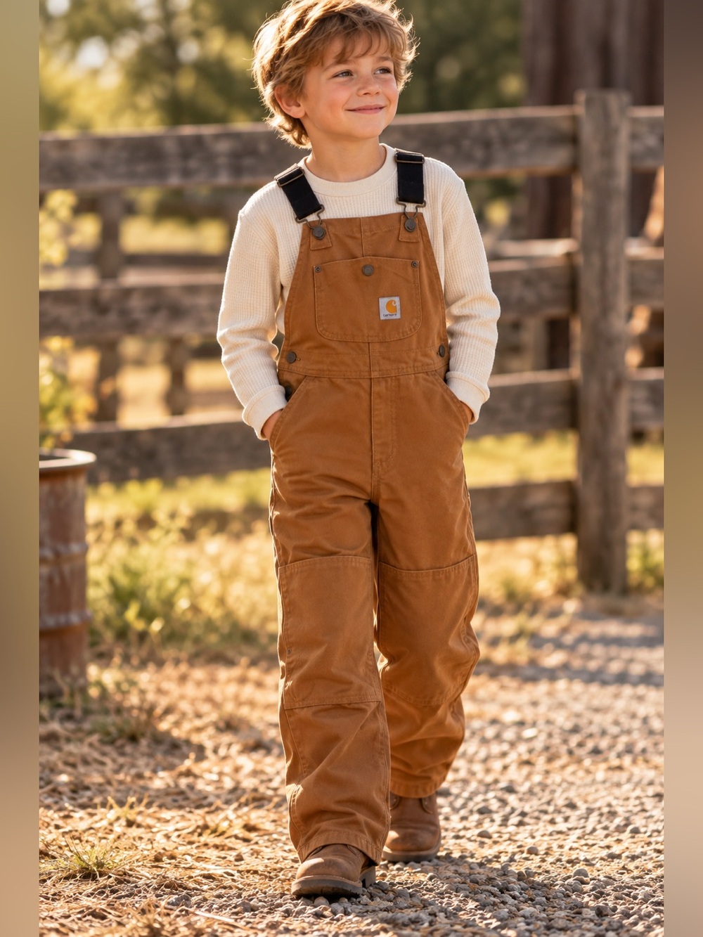 Carhartt Boys Size 8 Brown Duck Canvas Double Knee Bib Overalls Workwear utility